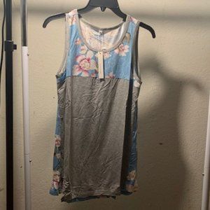 Qixing Women's Light Blue Floral/Gray Sleeveless Tunic Length Blouse S NWT